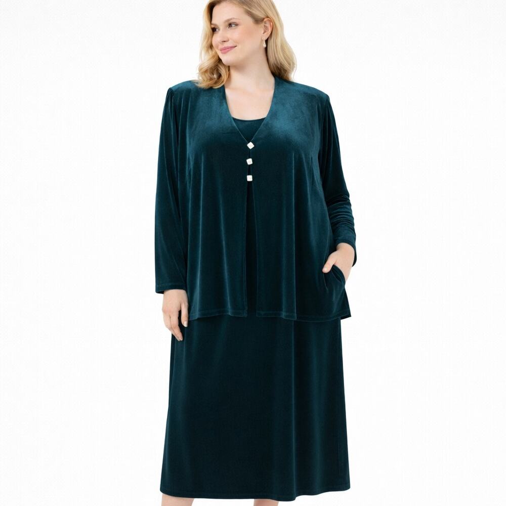Vintage 2-Piece Green Stretch Velvet Maxi Dess And Jacket Set Plus Size 16W